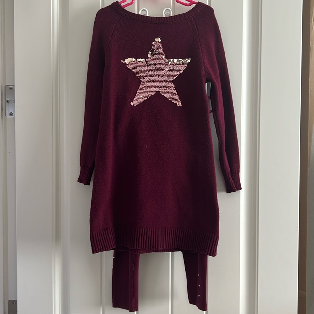 Girls Maroon Flip Sequin Tunic Sweater & Maroon Leggings - Size Small